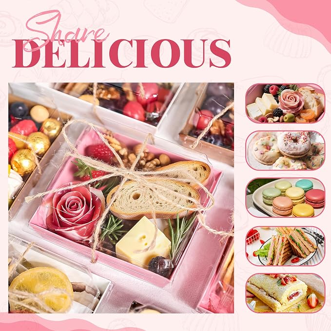 50 Pack Pink Treat Charcuterie Boxes 5.3x4.9x2.5in for Favor Tables | Good for strawberries, cookies, sweets or decorated treats that need a neat reveal.