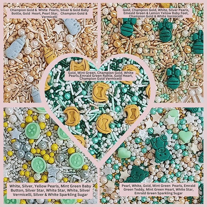 Confect Neutral Baby Shower Sprinkles | Mix Gold, Silver, Pearl & Sage Green Sprinkles | Assorted Pack of 5 Edible Mix Heart, Star, Baby Rattles & Baby Feed Bottle Sprinkles | Vegan, Gluten-Free, Nut-Free, Soy-Free, Dairy-Free, Palm Oil-Free - 5 Oz