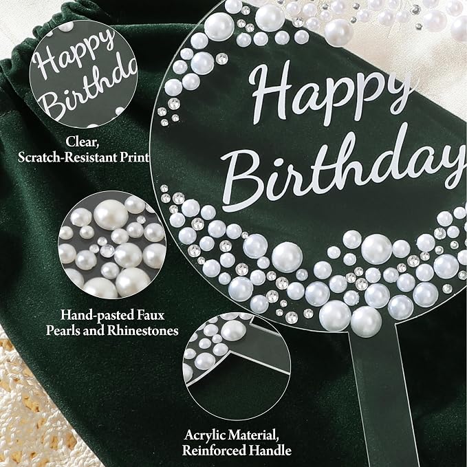 Coucoland Birthday Cake Topper - Round Acrylic Cake Decor with Sparkling Rhinestones and Pearls for Party Supplies