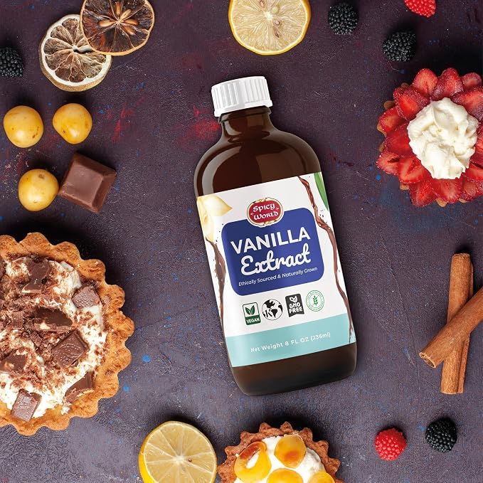 Spicy World Pure Vanilla Extract 8oz - 100% Real Vanilla Extract - Made from Grade B Vanilla Beans - For Cooking, Drinks & Desserts - 100% Vegan, Sugar Free & Kosher - Non-GMO & Gluten-Free - Glass Bottle (8 Ounce Bottle)