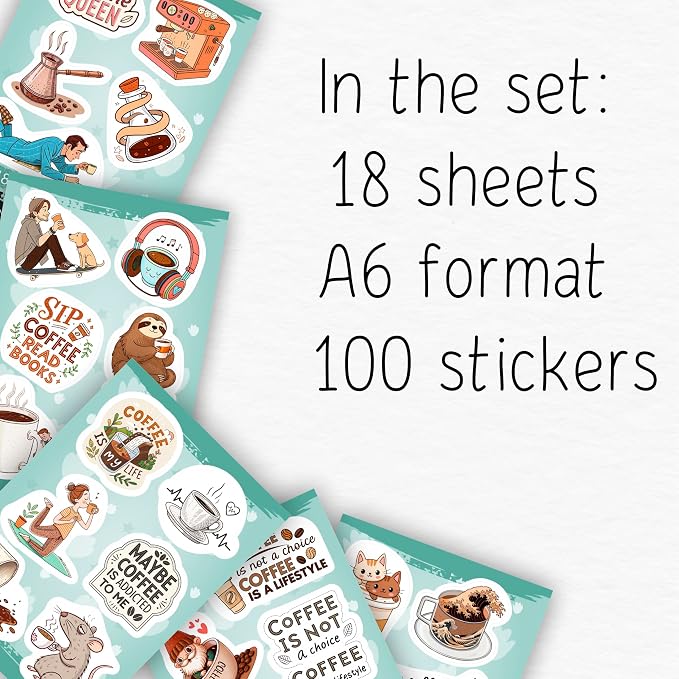 100Pcs Funny Coffee Stickers for Cups, Water Bottles & Scrapbook - Coffee Gifts, Party Decorations, Party Supplies - Gifts for Men & Women