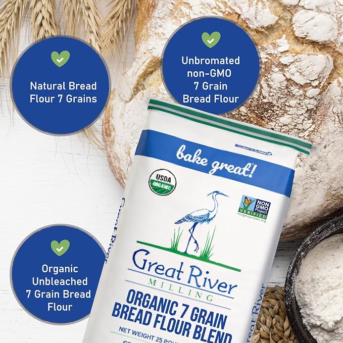 Great River Milling Organic 7 Grain Blend Bread Flour | Unbromated & Unbleached Flour | Non-GMO, Kosher | Stone Ground for Baking, Bread, Muffins & More | 25 Lb