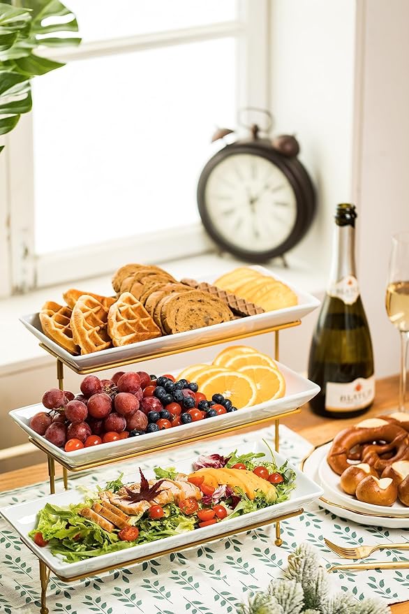 LAUCHUH Large 3 Tier Serving Stand Tiered Serving Trays with Collapsible Sturdier Rack Porcelain Serving Trays and Platters for Fruit Dessert Presentation Father's Day Party Display Set, 14 Inch