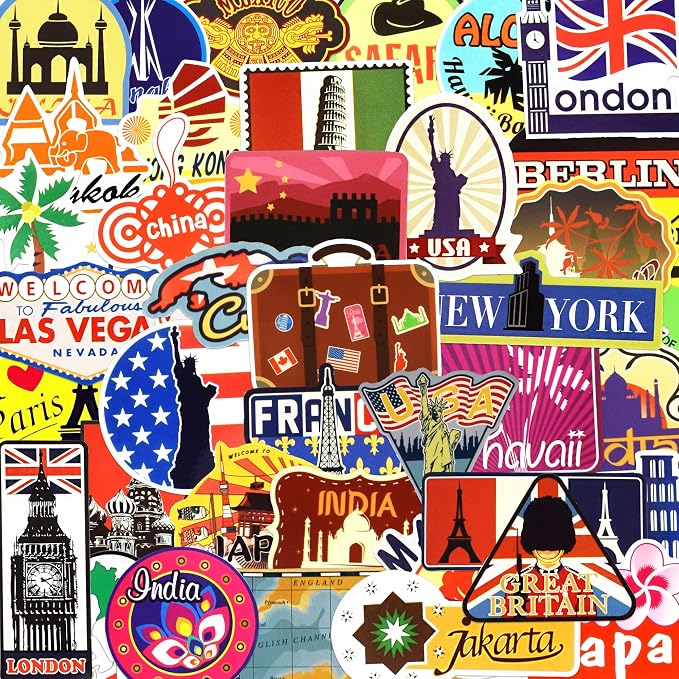 100 Pcs Travel Stickers for Scrapbooking, Waterproof Vinyl Adventure World Map Landmark Stickers for Laptops Water Bottles Journals, Decorative Decals for Teens Students Adults