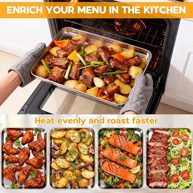 Onader 9 x 13 Inch Baking Sheet Set of 6, Stainless Steel Quarter Sheet Pan for Baking & Roasting, Metal Cookie Toaster Oven Pan Tray, Heavy Duty & Dishwasher Safe (Actual Size: 12.5" x 9.7")