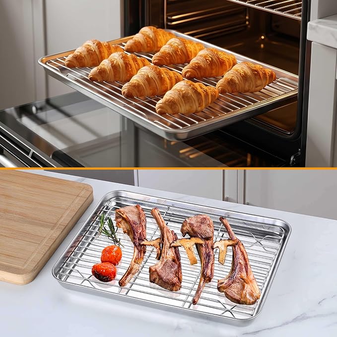 Homikit Quarter Sheet with Rack (1 Pan + 1 Rack), 9x13 Stainless Steel Baking Pan with Wire Cooling Rack for Toaster Oven Roasting, Metal Bacon Cookie Trays Nonstick & Rust Free, Dishwasher Safe