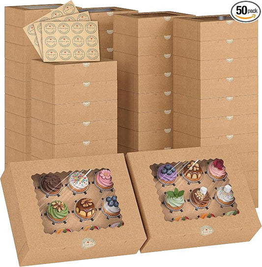 50 PCS 12 Count Cupcake Boxes Bulk for Dessert | Brown,Clear Window,Kraft,Cupcake Containers,Dozen,Deep,Cupcake Carrier With Inserts&Sticker,for Party, Birthday,Holiday,Gift