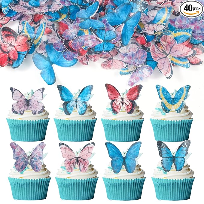 Gyufise 40Pcs Edible Butterfly Cake Decorations - Wafer Paper Butterflies & Cupcake Toppers - Dark
