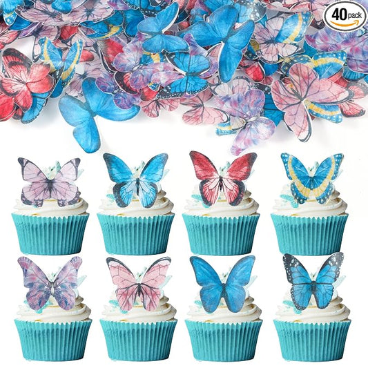 Gyufise 40Pcs Edible Butterfly Cake Decorations - Wafer Paper Butterflies & Cupcake Toppers - Dark