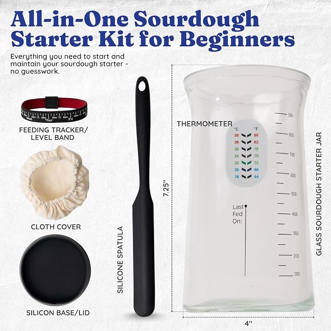 Pro Sourdough Starter Kit -37oz Wide Mouth Sourdough Starter Jar Kit for Bread - Large Glass Sourdough Jar, Feeding Band, Cloth Cover, Spatula & Thermometer–Best Sourdough Bread Kit for Beginners
