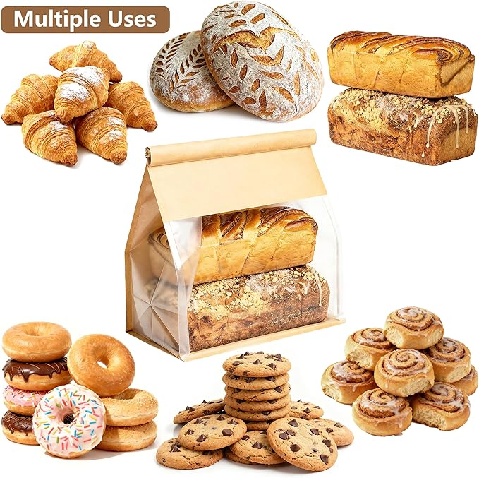 100 Pack Extra Large Paper Bread Bags for Homemade Bread Sourdough Bags, 13.7x10.6x5.5 Inches Resealable Tin Tie Tab Lock Bakery Loaf Bag with Window, Baked Goods Packaging for Gifting and Bake Sale
