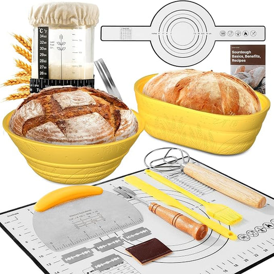 Sourdough Starter Kit with Jar – Complete Sourdough Bread Baking Supplies for Beginners, Includes 2 Silicone Proofing Baskets Baking Mat Sour Dough Kit - Yellow