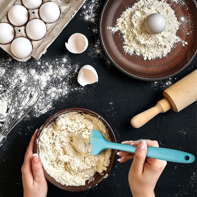 Silicone Spatula 3‑Piece Set Heat Resistant 600°F Non‑Stick Rubber Spatulas with Stainless Steel Core ALLWIN HOUSEWARE Large Spatula, Spoonula & Mini Spatula for Cooking & Baking, Light Blue