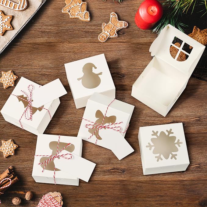36 PCS White Bakery Boxes with Window, 4x4x2.5 Inch Christmas Cookie Boxes Small Christmas Treat Boxes Holiday Xmas Cake Box for Christmas Cupcakes, Cookies, Donuts Gift-Giving, Pastries