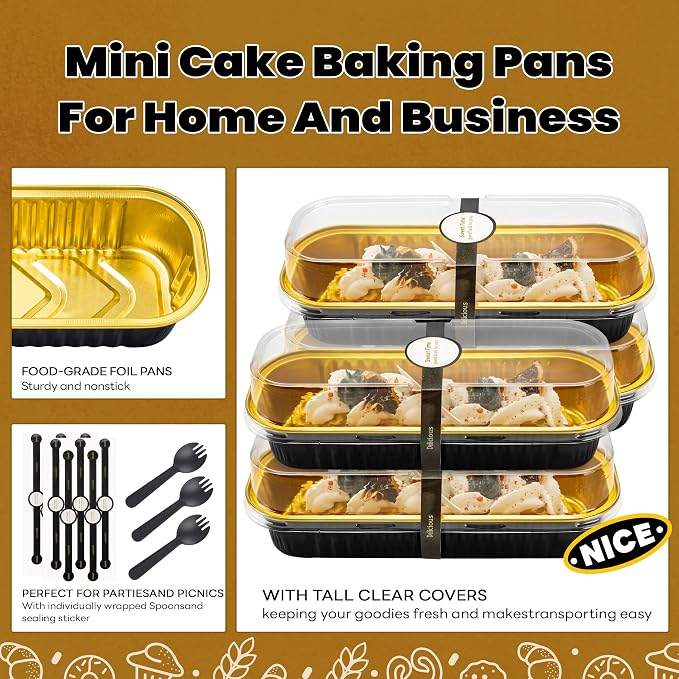 NPLUX Mini Loaf Pans with Lids and Spoons Rectangular Aluminum Foil Baking Pans Mini Cheesecake Containers 6.8 Oz, Graduation Gifts Party Favors(120 Pack, Black Gold)