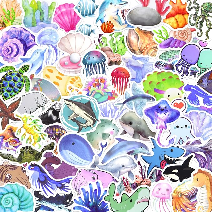 100 Pcs Ocean Stickers for Scrapbooking, Waterproof Vinyl Cute Sea Animal Stickers for Scrapbook Laptops Water Bottles, Decorative Decals for Teens Students Adults