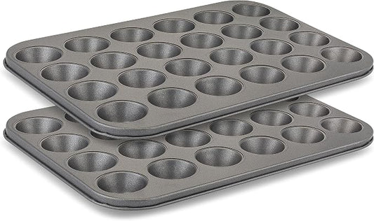 husMait Mini Muffin Pan 24 cup, Set of 2 - Non-Stick Carbon Steel Mini Cupcake Pan Multipack - Heavy Duty 48 Cavity Metal Baking Tray, Warp-Resistant, PFOA Free