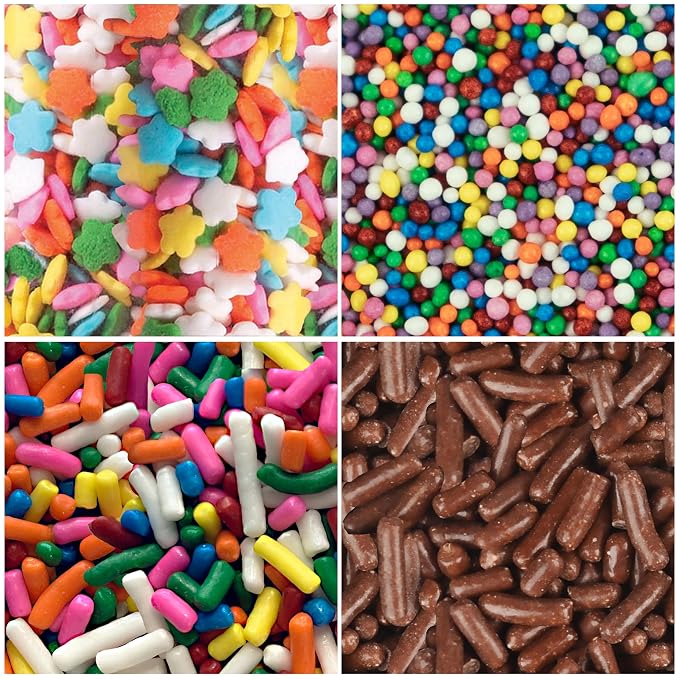 Cake Mate Holiday Christmas Sprinkles 4-Pack – Rainbow Nonpareils, Chocolate Flavored, Flower Decors & Rainbow Jimmies – Festive Dessert Toppers for Cookies, Cakes & Cupcakes