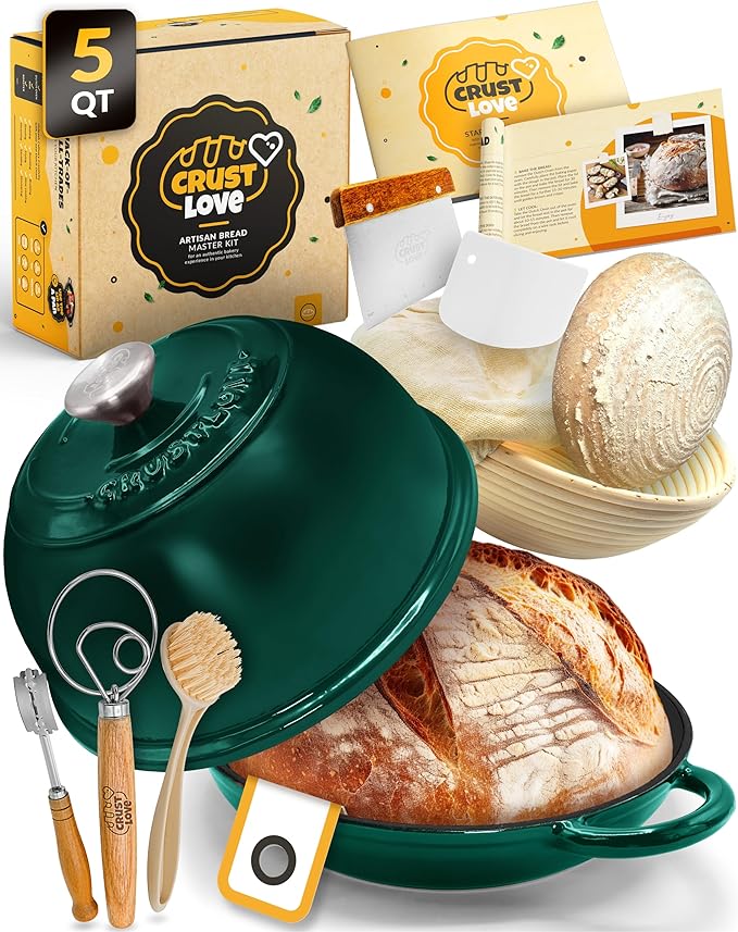 CRUSTLOVE Dutch Oven Bread Baking - 5QT Enamel Bread-Oven - incl Sourdough Bread-Baking Suppliers like Dough Whisk Scoring Lame etc Bread-Dome Cast Iron Bread-Pan with Lid for Sour dough, Bread-makingBottle Green Dome