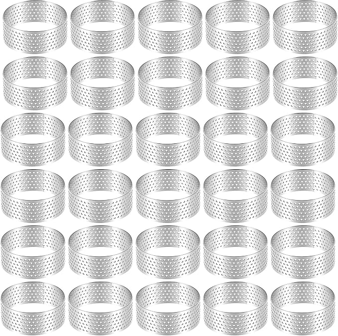 30 Pack Stainless Steel Tart Rings 2 Inch Heat-Resistant Perforated Cake Mousse Ring Round Ring Baking Doughnut Tools Small Fruit Tarte Molds for Cooking Dessert Crumpet