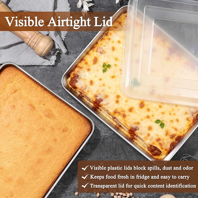 LIANYU Stainless Steel Rectangular Baking Pan, 12⅓ x 9¾ x 2 Inch Commercial Cake Pan with Lid Set of 4, Metal Lasagna Brownie Bakeware Set, Healthy & Dishwasher Safe (4 Pan +4 Lid)