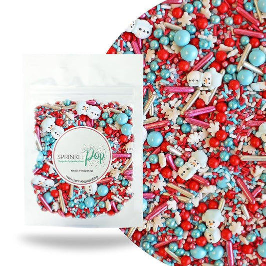 Sprinkle Pop Oh Snow Cute Sprinkle Mix| Red White Icy Blue Sprinkles with ~6 Cute Snowmen Royal Icings & White Snowflakes| Christmas Sprinkles Made in USA for Decorating Cakes Cupcakes Cookie, 2oz