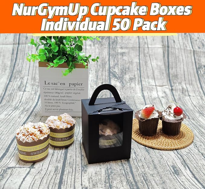 Individual Cupcake Boxes Bulk, 50 Pack Premium Single Cupcake Boxes with Clear Display Window, Food Grade Black Cupcake Carrier Cupcake Container, Perfect for Cupcakes Muffins Cookies