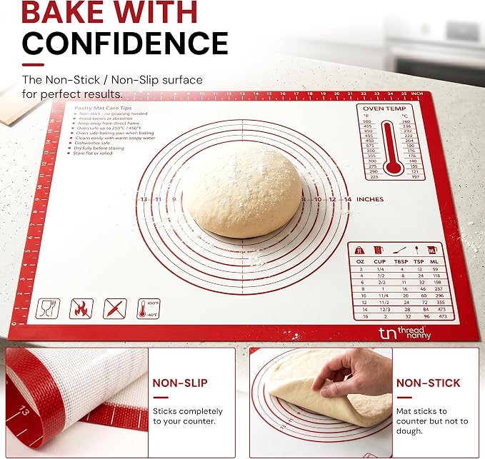 XL Silicone Pastry Mat for Baking, Extra Large 28x20 in, Non-Stick & Non-Slip Dough Mat for Rolling Out with Measurements, Bread, Pizza, Pie Crust, Cookies, Fondant,Oven Safe, Dishwasher Safe (Red)