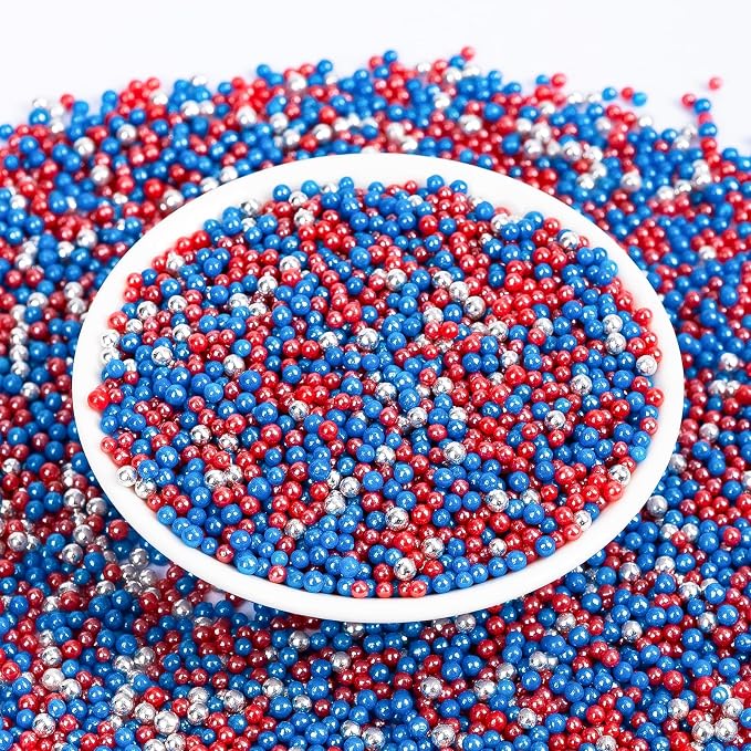 Patriotic Nonpareils Sprinkles,2mm Red Blue and White Pearls for Cake Decorations,July 4th Edible Sprinkle Mix for Baking,130g,Edible Sugar Pearls for Cake Decorating,Cookies,Ice Cream,Fondant Cake,Cupcakes,Desserts,May Day,Memorial Day,Flag Day,Junete...