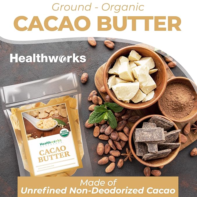 Healthworks Superfoods Organic Cacao Butter - 32 Oz / 2 Lbs - USDA Certified Organic from Peru - Unrefined Non-Deodorized Cocoa - Sugar-Free, Keto, Vegan & Non-GMO - Antioxidant Superfood