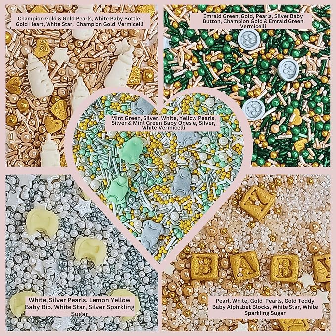 Confect Neutral Baby Shower Sprinkles | Mix Pearls, Star & Baby Feed Bottle Sprinkles | Gender Reveal Sprinkles | Pack of 5 Edible Sprinkle | Vegan, Gluten-Free, Nut-Free, Soy-Free, Dairy-Free, Palm Oil-Free - 5 Oz