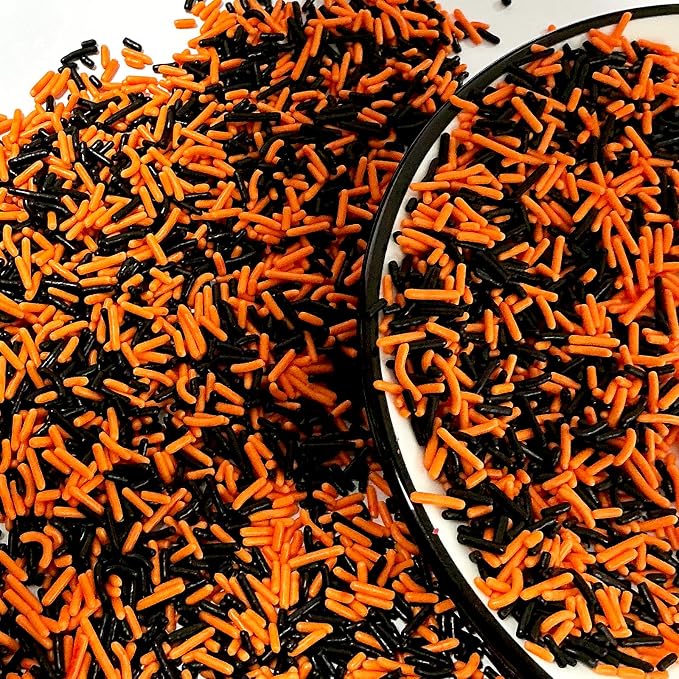 Homipooty Black and Orange Soft Jimmies Sprinkles Edible Sprinkles Sugar Candy for Cake Decorating 78g/2.75oz Cookie Cupcake Topper Ice Cream and Dessert Decorating