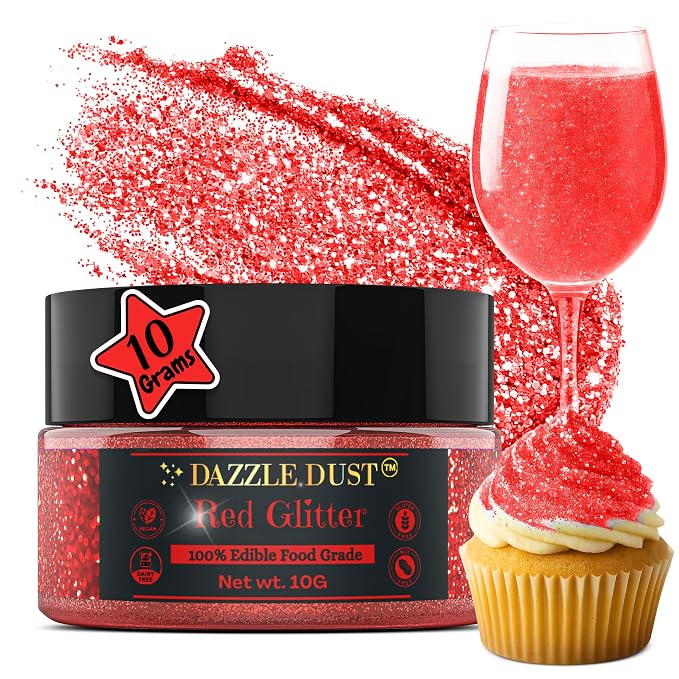 Dazzle Dust Edible Glitter Sprinkles for Cake Decorating, Drinks, Cookie, Icing, Dessert Decorations, Sparkly Luster, Food-Grade, Vegan, Gluten Free, Kosher, Bulk 10g, Red