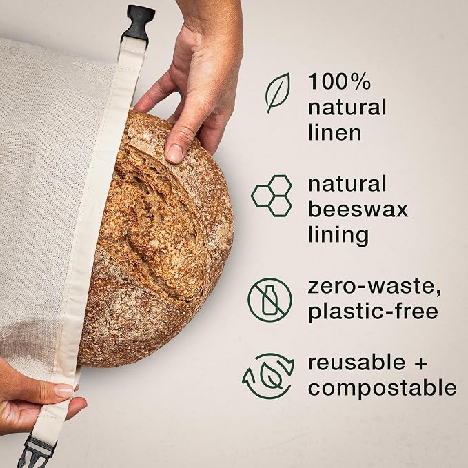 Reusable Linen Bread Bag with Beeswax Lining | Plastic-Free Food Storage for Sourdough, Baguette, Artisan Loaves | Eco Friendly | Zero Waste Kitchen Bag | Calm Organics