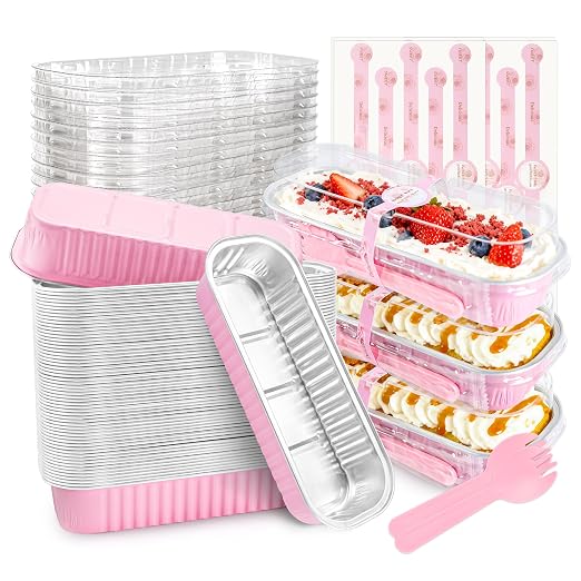 NPLUX Mini Cake Pans with Lids and Spoons, 50 Pack Pink Mini Loaf Pans with Lids, Mini Cake Containers for Baking, Mini Cheesecake and Party Desserts, Graduation Gifts Party Favors