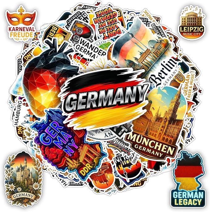 100 PCS Germany Stickers Pack, German Travel Vinyl Waterproof Decals of Berlin Munich Frankfurt Bavaria Landmarks, Beer Pretzel Culture Deutschland for Laptop Water Bottle Scrapbook Car Teens