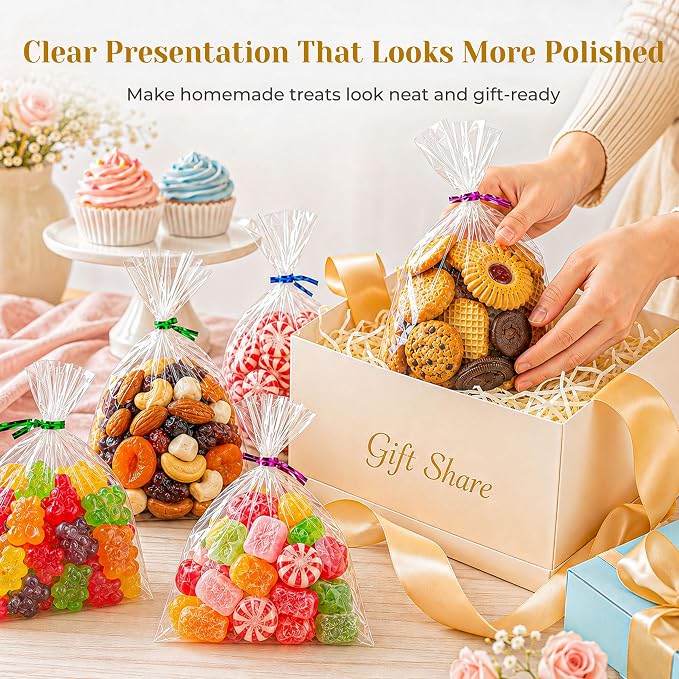 LOKQING Cellophane Bags Plastic Treat Bag Clear Cookie Candy Bags with Twist Ties for Party Favor Bag, Graduation Gift Bags(100 Pack, 5x7inch)