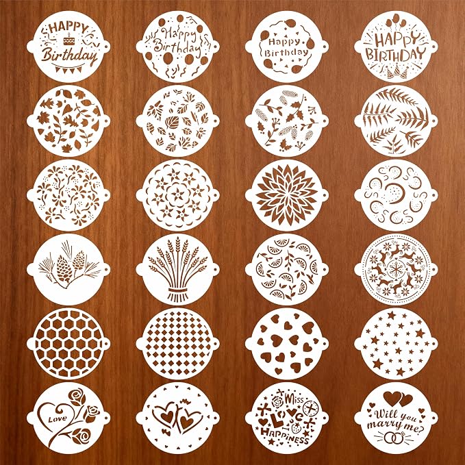 Cake Stencils Set 24 Templates - Happy Birthday, Love, Hearts, Floral - Reusable Laser-Cut for Fondant Buttercream Painting, Baking & DIY Decor (Art Deco)