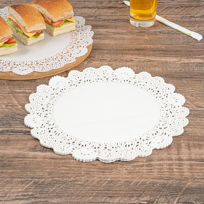 Restaurantware Pastry Tek 12 x 12 Inch Lace Doilies 100 Decorative Tableware Placemats - Disposable Round White Paper Table Doilies For Birthdays Or Weddings Table Decor