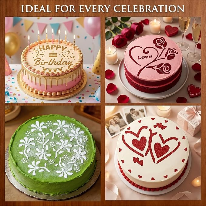 Cake Stencils Set 4 Templates - Happy Birthday, Love, Hearts, Floral - Reusable Laser-Cut for Fondant Buttercream Painting, Baking & DIY Decor (Art Deco) (4 Styles)
