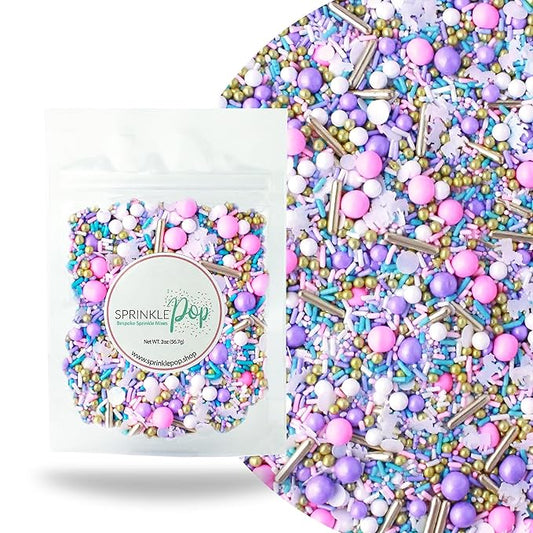 Sprinkle Pop Unicorn Sprinkle Mix| Pastel Pink Purple Blue White Sprinkles with ~10 Unicorn Wafer Paper and Gold Dragees Made in USA for Decorating Princess Birthday Cakes Cupcakes Donuts Cookies, 2oz