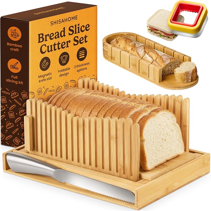 Bread Slicer Guide for Homemade Bread 3-In-1 Set: Sourdough Rounds Slicer, Baguette Cutter & Sandwich Sealer | Bread Loaf Slicing, Adjustable Bamboo Bread Cutter With Knife & Magnetic Slot