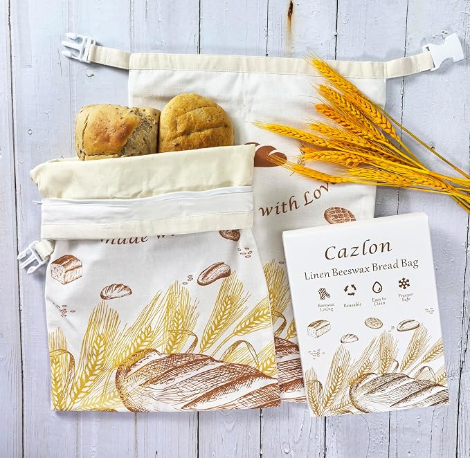 Eco-Friendly Linen Beeswax Bread Bags – Reusable, Sustainable Storage for Homemade Bread, Sourdough, Baked Goods, Fruits & Veggies (2-Pack, 12"x17", Zipper Clousure)