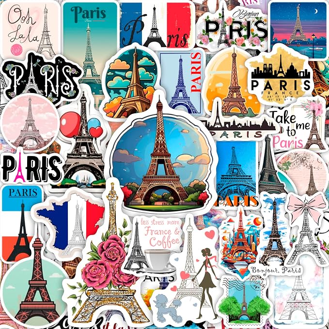 100Pcs Eiffel Tower Stickers for Water Bottle and Laptop - Eiffel Tower Party Supplies & Decorations, Waterproof Vinyl Decals, Paris and Travel Stickers, Gifts for Women & Men