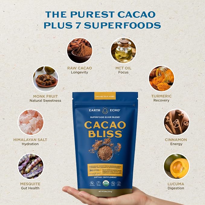 Earth Echo Cacao Bliss - Ceremonial Grade Organic Raw Cacao Powder with MCT Oil & Turmeric - Supports Energy Boost, Mindful Snacking & Focus - Unsweetened, Vegan, GMO & Gluten-Free, 30 Servings