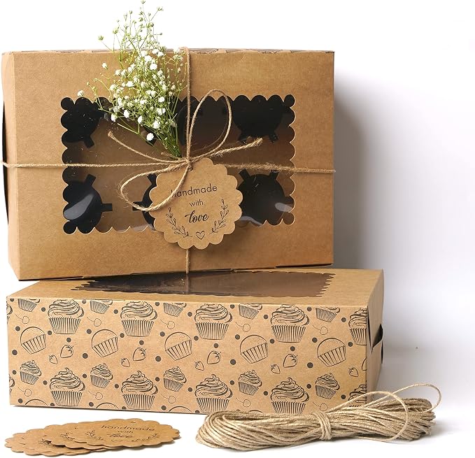20-Pack Brown Cupcake Boxes with Insert Trays, Tags and Twine | Food Grade Kraft Bakery Boxes with Window to Fit 6 Cupcakes