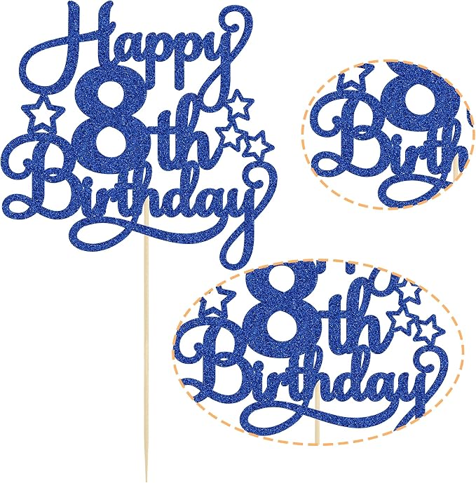 1 Pack Happy 8th Birthday Cake Topper Blue Glitter 8th Birthday Cheers to 8 Years Old Cake Pick for Celebrating Anniversary Party Cake Decorations Supplies