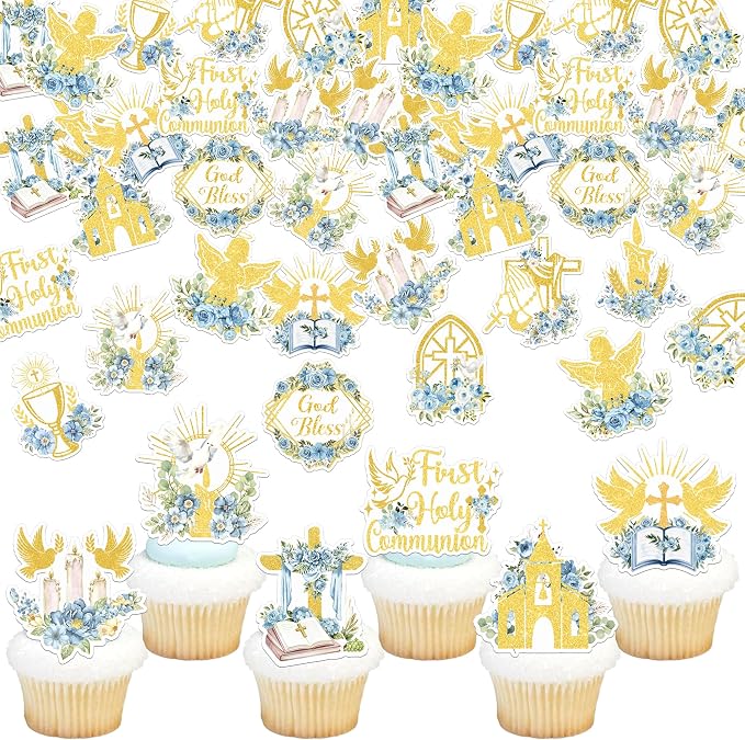 60 PCS Edible God Bless Cupcake Toppers Dove Cross Cupcake Picks Edible Floral First Communion Cake Decorations for Religious Gold Bless Baptism Theme Baby Shower Birthday Party Supplies Blue