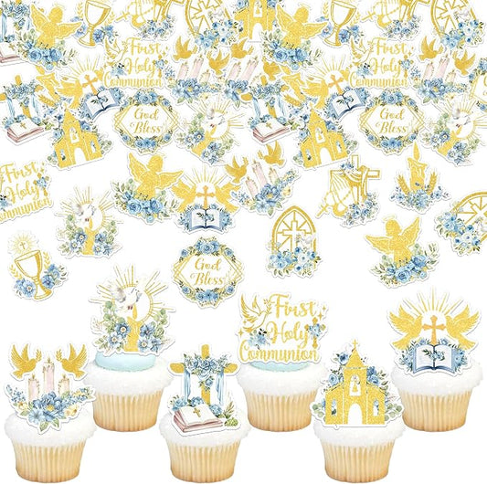 60 PCS Edible God Bless Cupcake Toppers Dove Cross Cupcake Picks Edible Floral First Communion Cake Decorations for Religious Gold Bless Baptism Theme Baby Shower Birthday Party Supplies Blue