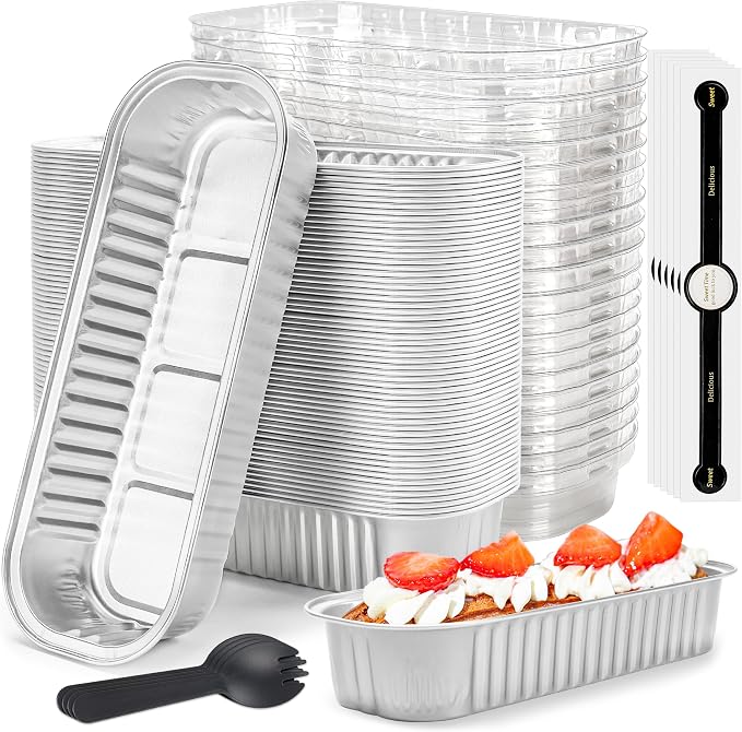 Foil Loaf Pans with Lids, 50 Pack Silver 6.8oz for Meal Prep | Works for sweet bites, savory samples, dips and layered cups; topping visibility supports counter display.